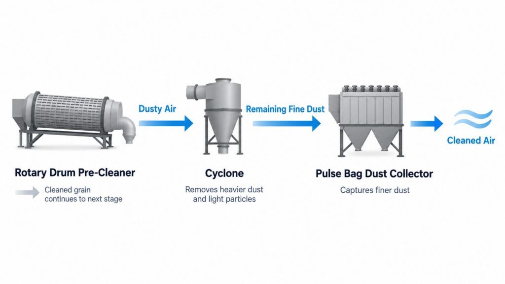 Rotary drum pre-cleaner dust extraction with cyclone and pulse bag dust collector