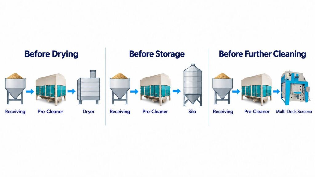 Typical positions of a rotary drum pre-cleaner in grain handling systems