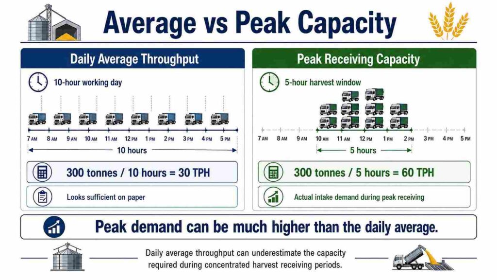 average throughput versus peak grain receiving capacity