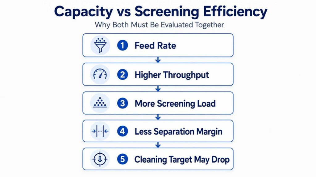 Relationship between grain cleaner capacity and screening efficiency
