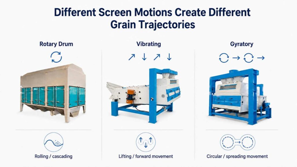 Rotary drum vibrating and gyratory grain screen motion comparison