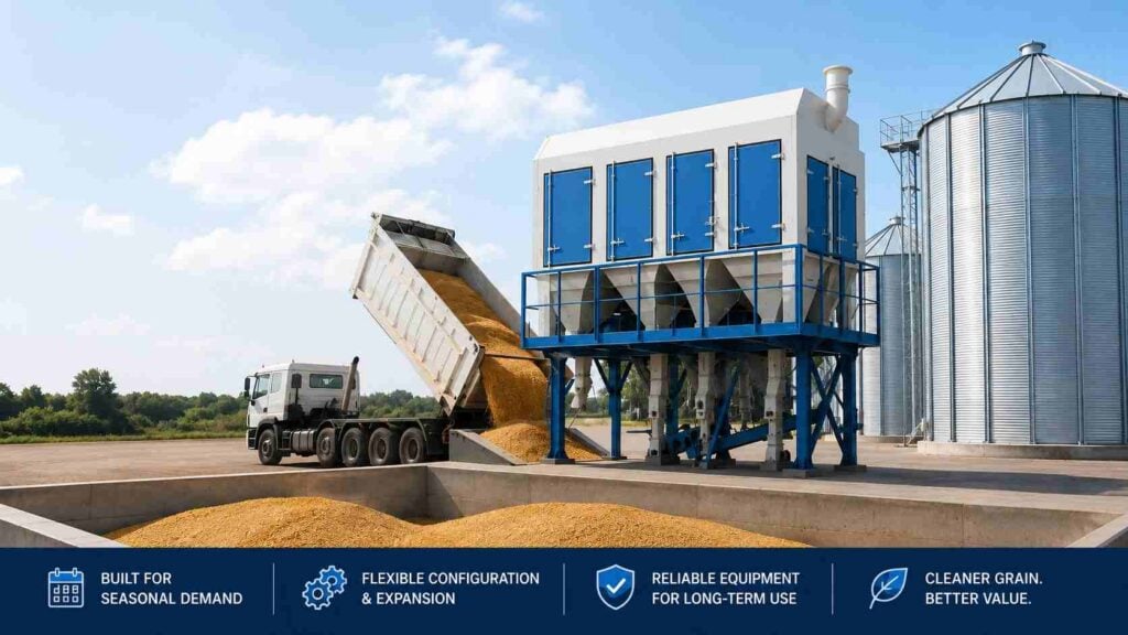scalable grain receiving system from pre-cleaning to storage and packing