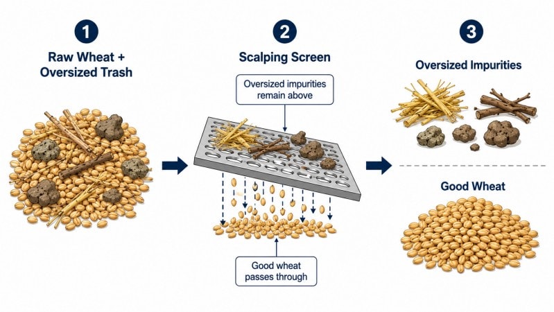 Wheat scalping sieve separating good wheat from oversized impurities